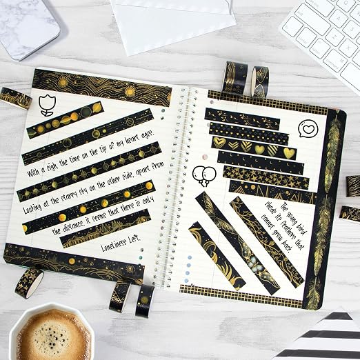 NANYNNU Black Washi Tape Set, 27 Rolls Black Gold Foil Decorative Masking Tape for Bullet Journaling, Scrapbooking Supplies, Watercolor Painting