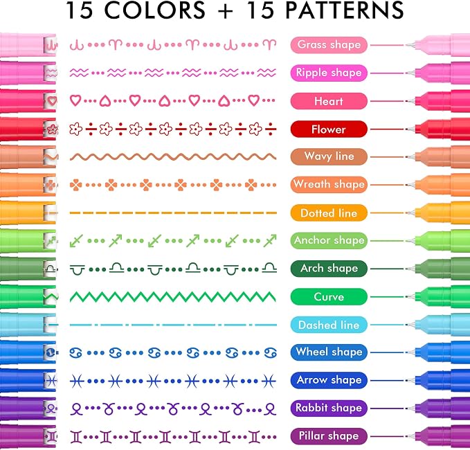 15 Colors Curve Highlighter Pens Set, 15 Different Shapes Dual Tip Markers, Cool Pens for Journal Planner Scrapbook Office Supplies