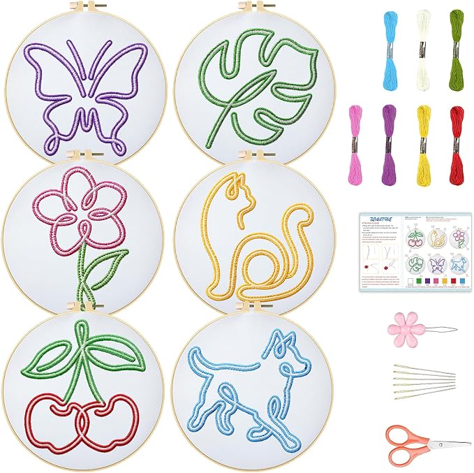 BEUNITONE Abstract Animal Embroidery Kit, 6PC Modern Line Art Needlepoint Kits with Hoops, Instructions, Threads, DIY Craft for Adults Beginners, Home Decor, Hand Embroidery Patterns for Gifts