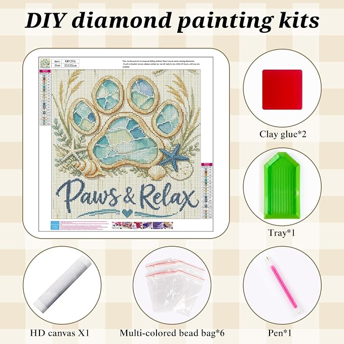 Coastal Dog Paw Diamond Painting Kits for Adults,Beach Ocean Diamond Art | DIY Full Round Drill Gem Painting Seaside Paint by Diamonds Relaxing Craft for Home Wall Decor 13.7x13.7In