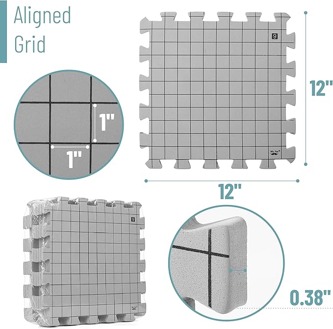 Mr. Pen- Blocking Mats for Knitting & Crochet Projects, 12" x 12" | 9 Pack with 150 pcs T-Pins, Gray Aligned Grid Knitting Blocking Mats and Pins, Water & Heat Resistant