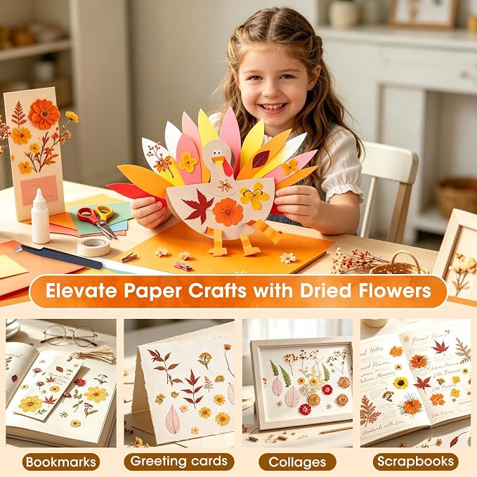 170 PCS Fall Dried Pressed Flowers with Tweezers, Real Nature Dried Flowers Orange Autumn Pressed Florals Set for Resin Scrapbooking Vase Candle Making Card Scrapbook Craft Floral Decors