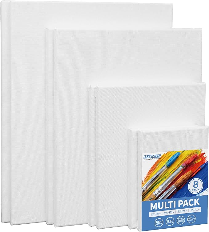 FIXSMITH Stretched Canvas, Multipack of 8, 5x7, 8x10, 11x14 & 12x16 Inches - 2 of Each, 100% Cotton, 8 oz Gesso-Primed, Art Supplies for Acrylic and Oil Painting.