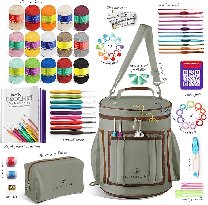 Crochet Kit for Beginners Adults and Kids - Beginner Crochet Kit for Adults with Step-by-Step Video Tutorials, Amigurumi and Crocheting Kit, Crochet Starter Kit with Soft Crochet Yarn and Crochet Bag
