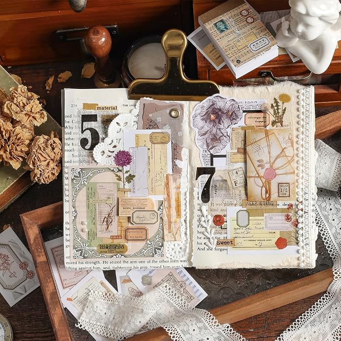 PRSTINCOL Washi Stickers Book, 6 Sets 300 Pcs | Vintage Aesthetic Sticker Set, Journaling Scrapbook Decoration Bullet Journal, Stamps Flowers Ticket Theme