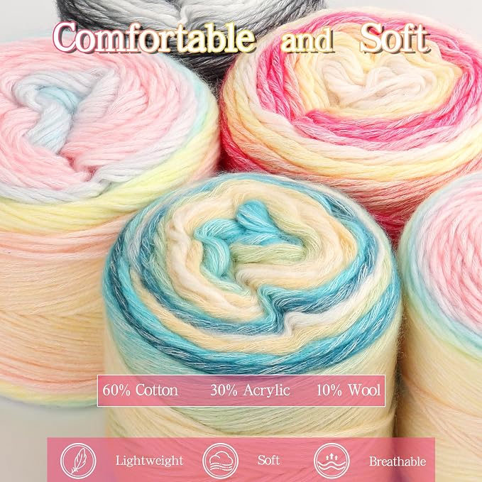 Katech Ombre Yarn for Crocheting & Knitting-Fairyland Gradient Cake Yarn | 4x100g 60% Cotton 30% Acrylic 11% Wool-Multicolor Soft Cotton Crochet Yarn for Scarves, Shawls, Blankets and Garments(Q)