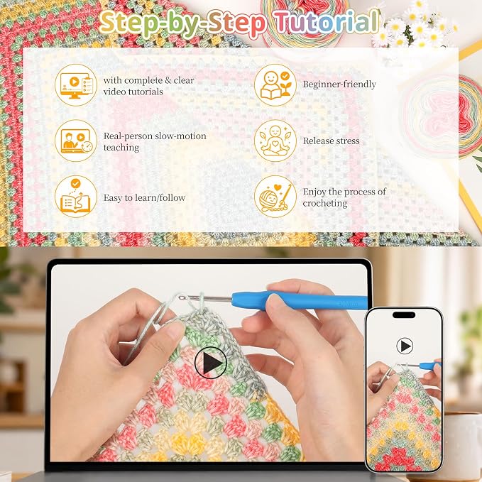 Coopay Crochet Kit for Beginner Crochet Blanket Kit w/Step-by-Step Tutorial | Granny Square Blanket kits with 600g Crochet Yarn, Hooks & Complete Tools, Crochet Blanket Kit Gift for Adults & Beginners