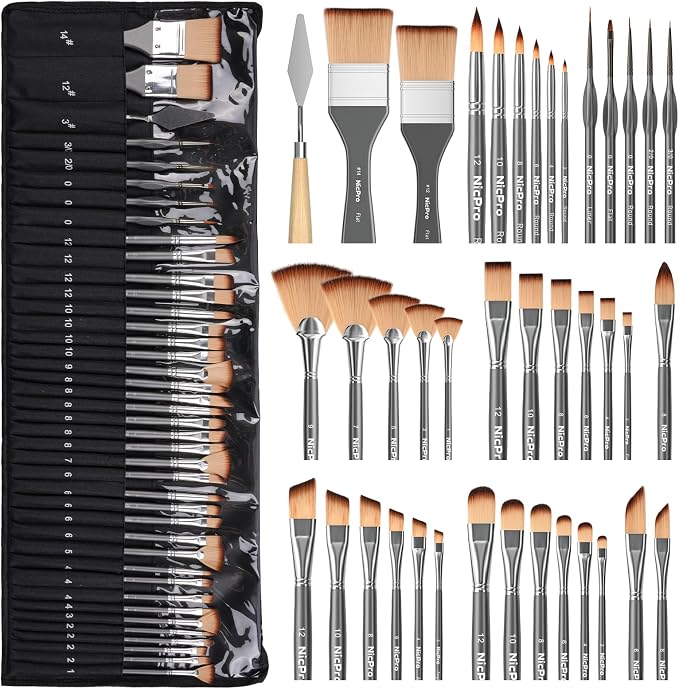 Nicpro 40 PCS Paint Brush Set, Professional Acrylic Paint Brushes | Suitable for Acrylic Painting, Oil, Watercolor, Gouache, Includes Palette Knife & Canvas Roll, Painting Supplies for Artist