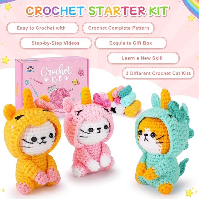 Crochet Kit for Beginners - 3 PCS Unicorn Cat Crochet Kits with Step-by-Step Video Tutorials, Beginner Crochet Kit for Adults, Crochet Animal Kit for Starters, Cat Dressed as Unicorn Set