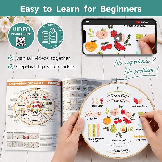 Meyocky Embroidery Kit for Beginners to Learn 31 Basic Stitches, HD Videos | 4-Piece Beginner Embroidery Kit for Adults, Starter Practice, Pre-Printed Patterns, Step-by-Step Guide, Craft Lover Gift