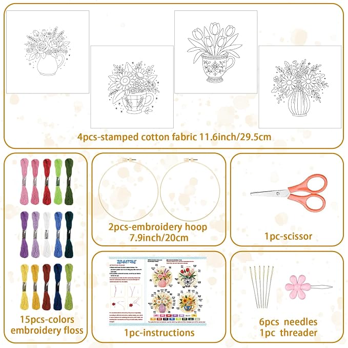 BEUNITONE 4 Set Embroidery Kits for Beginners, Flower Arrangement Design with Pre-Stamped Pattern Craft Kits Include Instruction and Hoops, 7.9x7.9 Needlepoint Kits for Festival Gifts and Home Decor