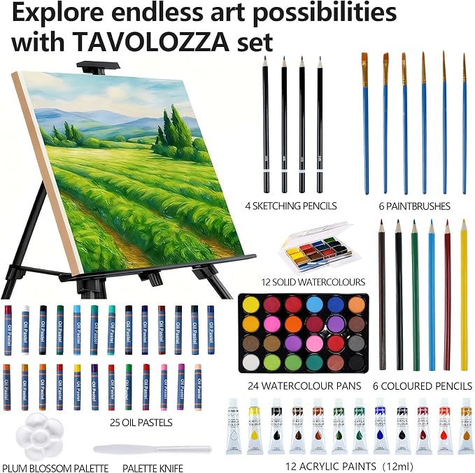 TAVOLOZZA 126 Piece Acrylic Painting Kit with Floor Easel, Oil Arcylic and Watercolor Paint Set, Great Gift for Beginner, Student, Adults and Artists