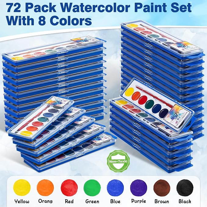 72 Pack Watercolor Paint Set, Washable Water Color Paint Bulk for Kids | Water Color Paint with Brushes, Ideal Gifts for Party Favors, School Supplies & Classroom Prizes, Art Activities, 8 Colors