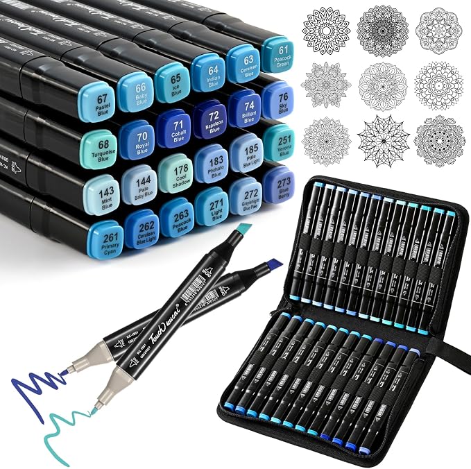 Blue Colors Alcohol Markers Set,24 Color Dual Tips Art Markers,Markers Pens for Artist Adults Coloring Illustration Painting DIY Crafts Making Art Supplies