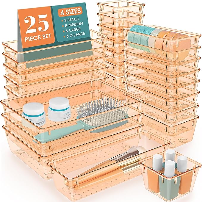 25 PCS Plastic Drawer Organizer Set, Makeup Organizers and Storage Bins | 4 Sizes Desk Drawer Divider Organizers and Storage Bins for Jewelry, Gadgets for Kitchen, Bedroom, Bathroom, Orange