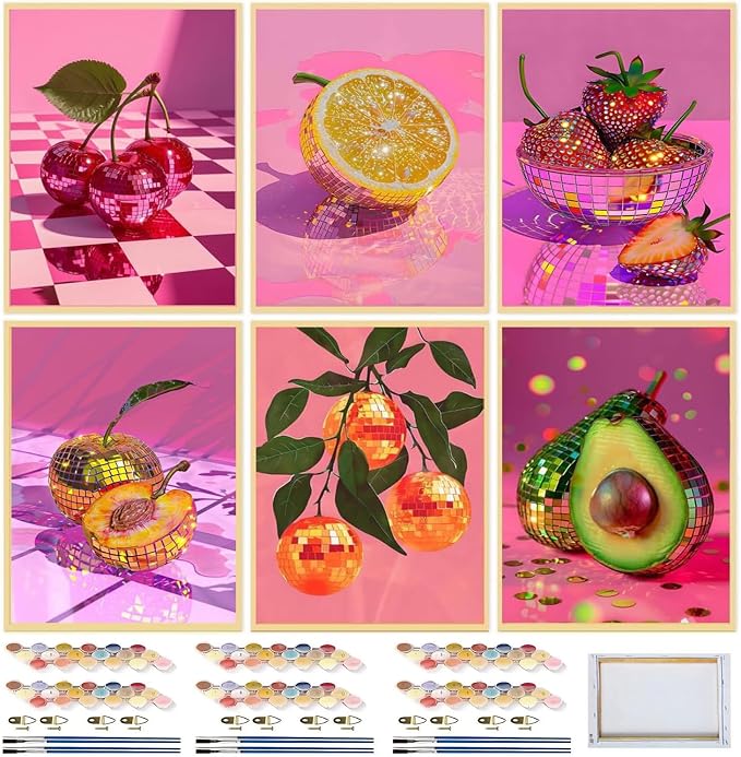 MXCFZX 6 Pack Framed Disco Ball Paint by Numbers Kit for Adults, DIY Fruit Oil Painting Adults' Paint-by-Number Kits on Canvas, Easy Acrylic Watercolor Oil Painting by Number (8x12 in)