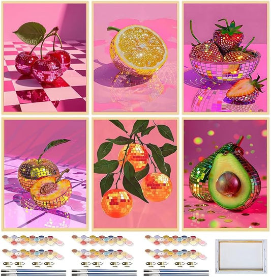 MXCFZX 6 Pack Framed Disco Ball Paint by Numbers Kit for Adults, DIY Fruit Oil Painting Adults' Paint-by-Number Kits on Canvas, Easy Acrylic Watercolor Oil Painting by Number (8x12 in)