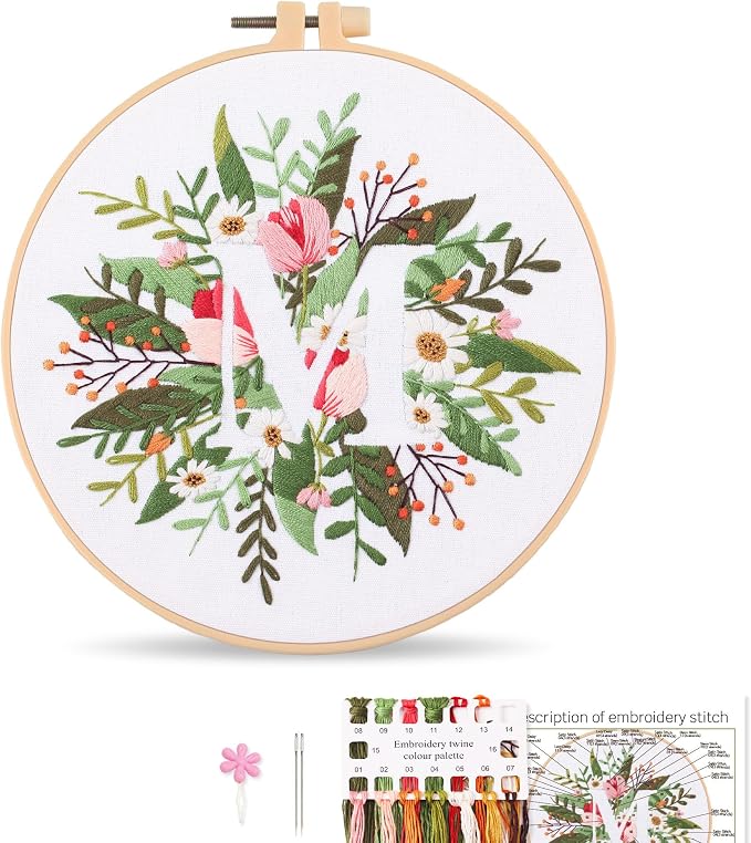 Harimau Letter M Pattern Embroidery Kit for Adult Beginners, Complete Starter Pack with 1 Hoop, Needles, Instruction Guide & Embroidery Stitch Video Tutorials