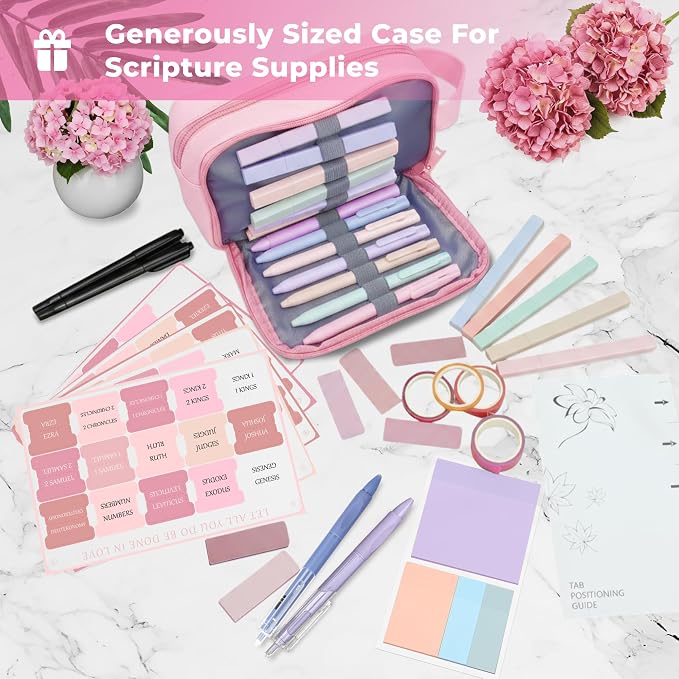 48 Pcs Bible Study Supplies for Women, Bible Journaling Kit Includes Bible Pencil Case, Tags, Pens, Highlighters, 4 Color Clear Sticky Notes, Notebook, 15 Clips, 4 Rolls of Washi Tape & More (Pink)