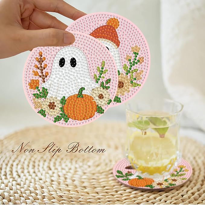 8 Pcs Halloween Diamond Art Coasters Kits with Holder 4X4 Inch