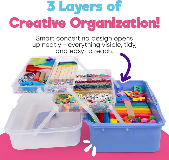 Blue Squid Arts & Crafts Box (Purple)- 2800+ pcs Deluxe Craft Supplies Box, 2 Drawers, 18 Compartments, Sturdy Handle - Art Crafting Kit Birthday Gifts for Kids, School Supply for Ages 4-12