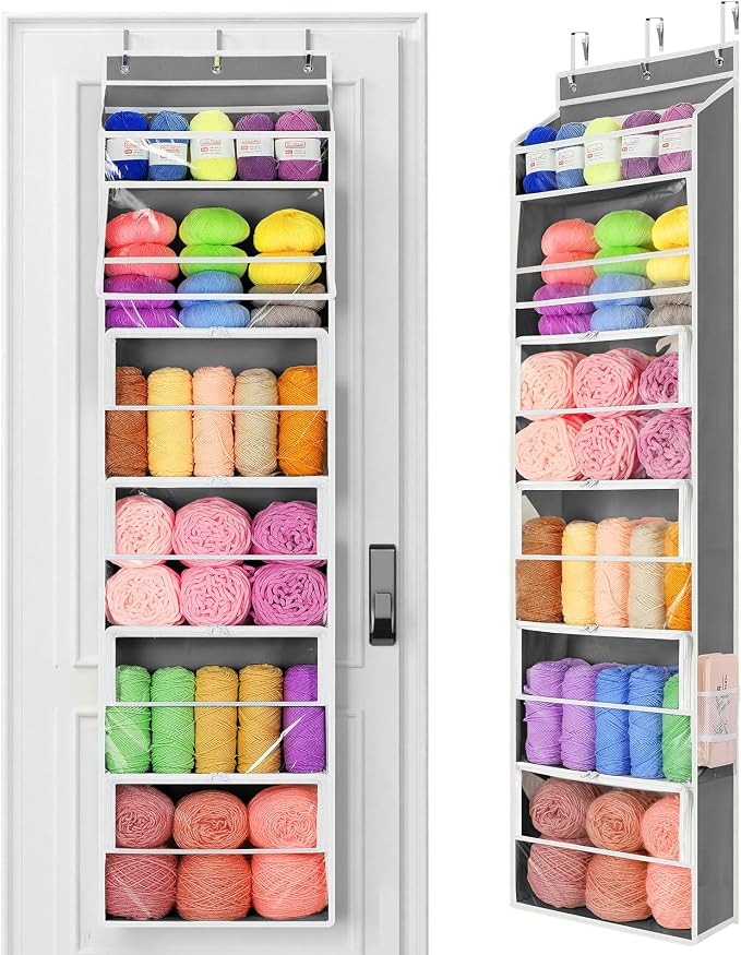 Yecaye Hanging Yarn Storage Organizer with 6 Zippered Closure Compartments, Heavy Duty Stuffed Animal Storage with Clear PVC, Dustproof Yarn Holder for Crocheting Storage, Warm Grey 6 Tier
