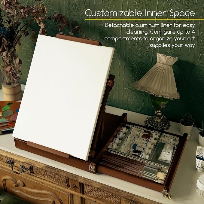 MEEDEN Portable Tabletop Easel for Painting: Artist Sketchbox | Beech Wood - Built-in Art Supply Storage Drawer - Fits 34" Canvas Panels - Adjustable Foldable Plein Air Desktop for Painters