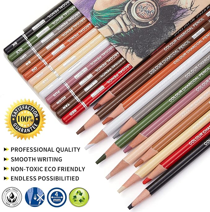 PANDAFLY Professional Colored Charcoal Pencils Drawing Set, 12 Colors | Skin Tone Colored Pencils, Pastel Chalk Pencils for Sketching, Shading, Coloring, Layering & Blending