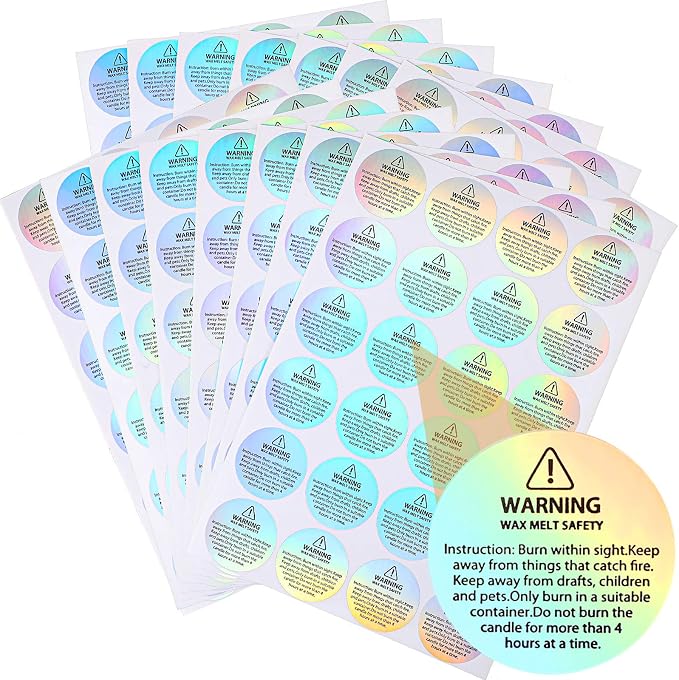 Zonon 360 Pcs Holographic Candle Warning Labels, Wax Melt Safety | For Jars Tins Containers, Round Stickers with Rainbow Iridescent, Safety Instruction Text, Handmade Candle Making Supplies