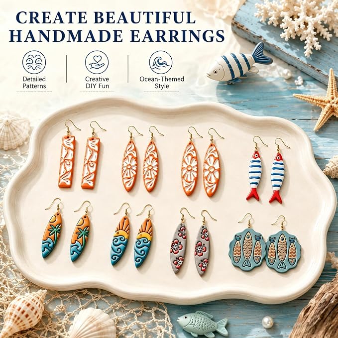 8Pcs Ocean Clay Earring Molds, Fish Flower Wave Polymer Clay Tools. Ocean Fish, Wave & Floral Patterns for Detailed Handmade Earrings and Coastal Clay Jewelry Designs