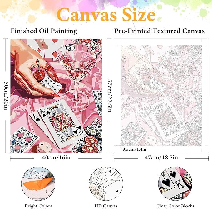 Paint by Numbers Kit for Adults, Pink Cocktail & Playing Cards, 16x20 Inch