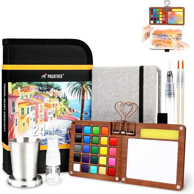 Pagather Travel Watercolor Travel Set, 24 Colors Mini Portable Paint Kit | Includes Water Brush and Compact Design, Perfect for Beginners, Hobbyists and Artists to Create Beautiful Paintings Anywhere