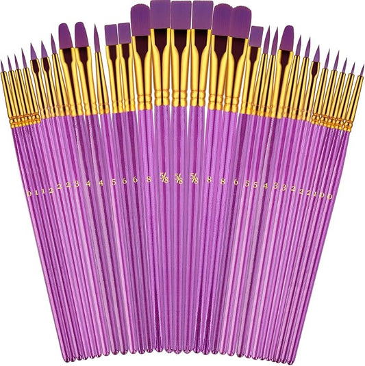 Artstorys 30Pcs Paint Brush Set for Acrylic, Oil & Watercolor, Purple | Nylon hair with wooden grips. Great for canvas art, rock crafts & face painting, perfect supplies for adult DIY art projects