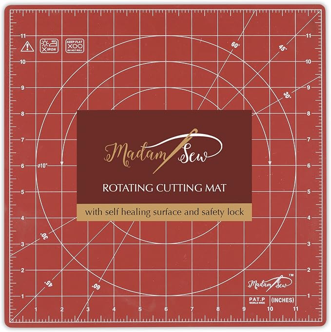 Madam Sew 12"×12" Rotating Self-Healing Cutting Mat — 360° Spin with Locking Base | Grid, Bias & Angle Lines | Non-Slip Rotating Cutting Mats for Quilting, Fabric, Sewing & Rotary Cutter Precision