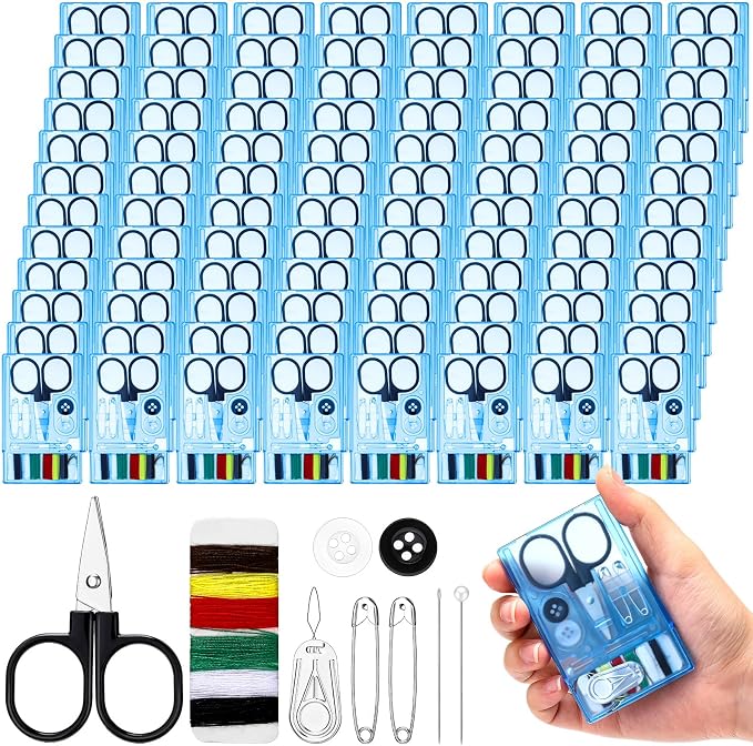 Knitgrip 100 Boxes Mini Travel Sewing Kit Quick Fix Sewing Kits Bulk, Blue