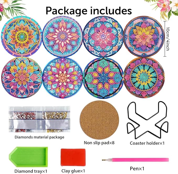 8 Pcs Diamond Art Coasters Kits, Mandala Diamond Painting Coasters Kits