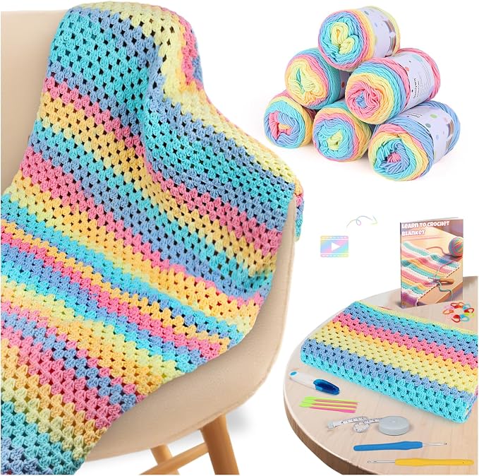 Aeelike Crochet Blanket Kit for Beginners,Rainbow Granny Square,Easy Start