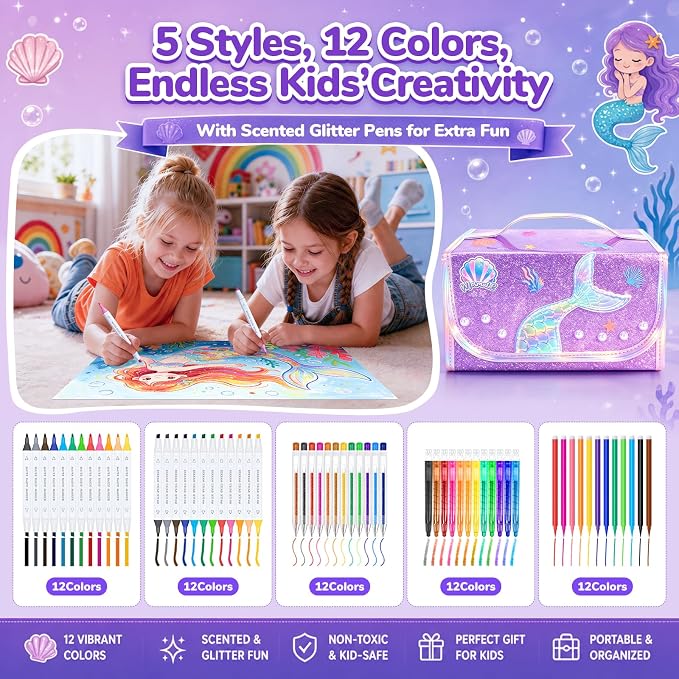 DreamyCandy 70 Pcs Washable Markers Set for Kids 4-8, Mermaid Art Set Gifts