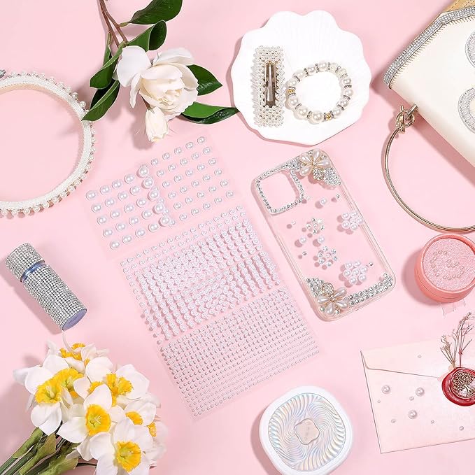 1980Pcs Self Adhesive Pearl Stickers, Shynek Hair Pearls Stick on Gems for Hair, Face, Makeup, Eye, Nail, Crafts, Assorted Sizes(Ivory White)
