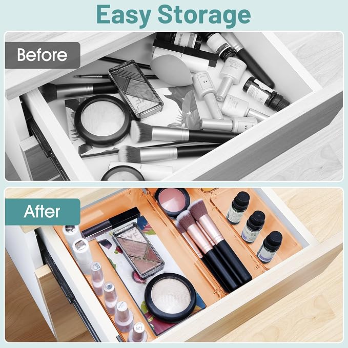 25 PCS Plastic Drawer Organizer Set, Makeup Organizers and Storage Bins | 4 Sizes Desk Drawer Divider Organizers and Storage Bins for Jewelry, Gadgets for Kitchen, Bedroom, Bathroom, Orange