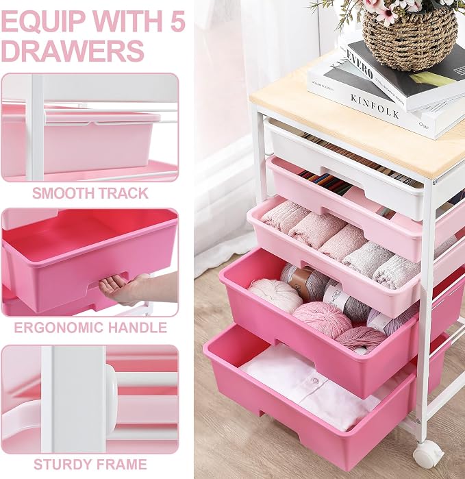 SYKIARIOL Utility Cart with Drawers,5 Drawers Storage Cart,Rose Pink | 5-Tiers Drawer Cart with Wooden Top with Lockable Wheels for Craft Organizers and Storage,Home Office,Classroom,Dorm,Playroom