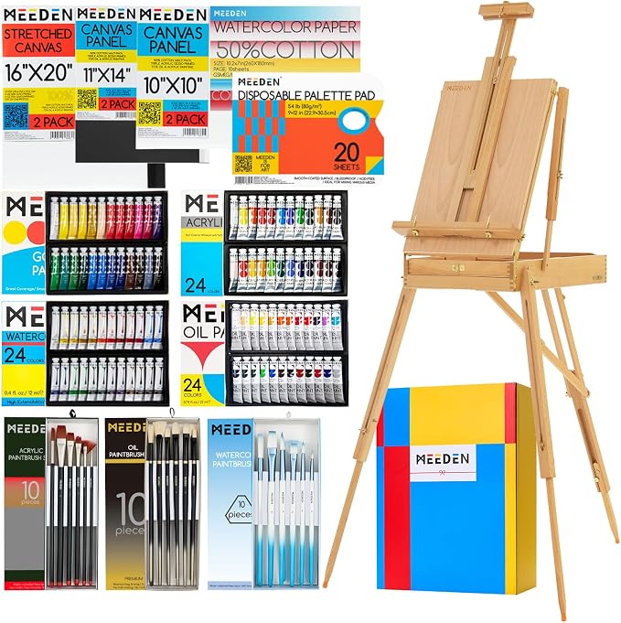 MEEDEN 141PCS Art Supplies Set: All-in-one Painting Kit with French Easel | Acrylic Watercolor Gouache Oil Paint Set, Paint Brushes, Palettes, Canvas & Panels, Sketchbook for Adult Artists Beginners