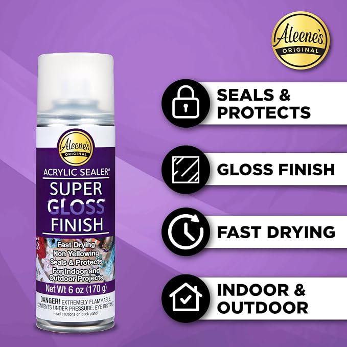 Aleene's Spray Acrylic Sealer, Super Gloss Clear Finish for DIY Crafts & Art Projects, Non-Yellowing, Fast Dry Time Super Glossy Finish 6 oz.