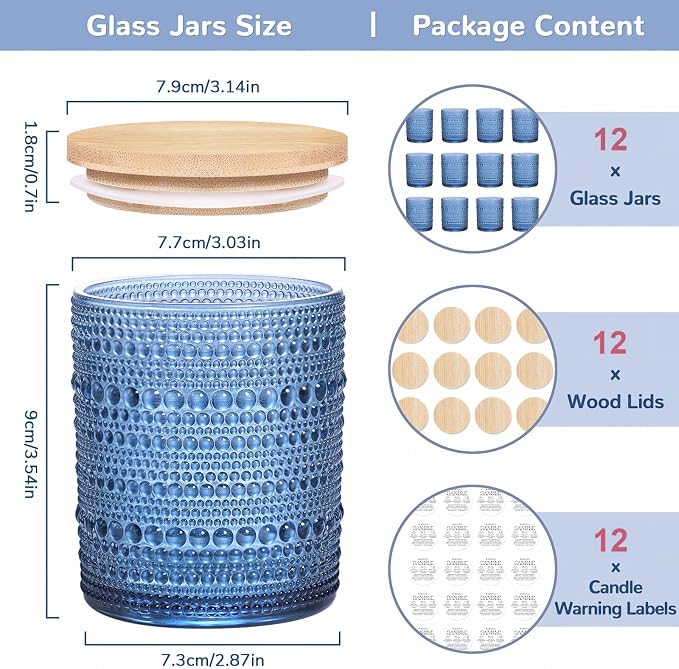 DARJEN 12 Pcs 10 oz Glass Candle Jars with Lids, Candle Container Tins-Blue | Thick Wall Ribbed Glass, Airtight Wood Lids, The go to candle jar for DIY, thoughtful gifters, growing candle brands