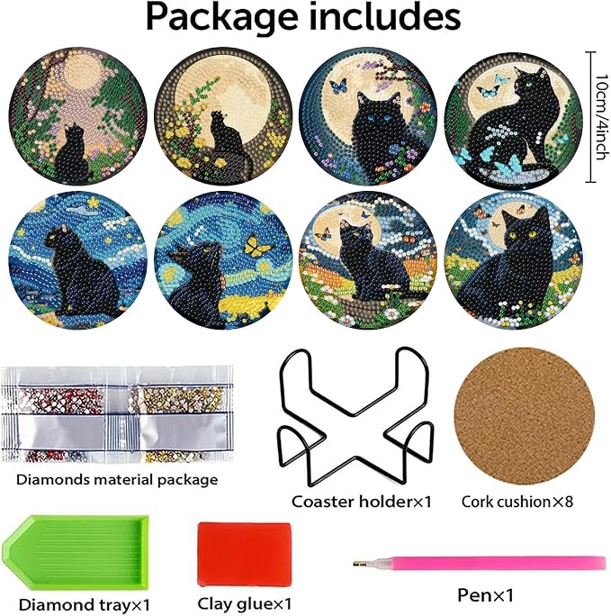 askkqtx 8 Pcs Black Cat Diamond Art Coasters Kits with Holder 4X4 Inch