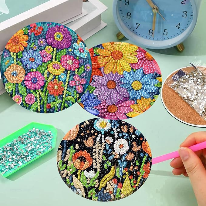 mrpwnle 8 Pcs Diamond Art Coasters Kits, Flowers Diamond Painting Coasters
