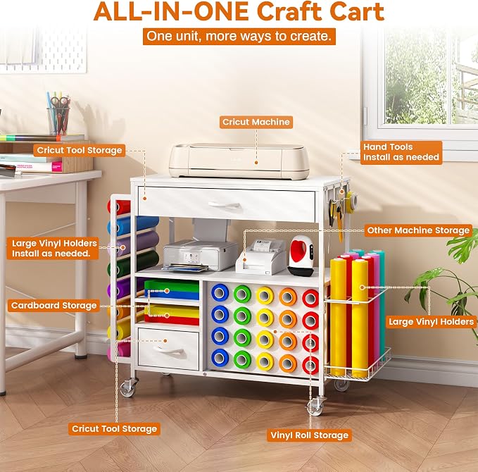 Rolling Craft Storage Cart,Table for Cricut Machines,36 Vinyl Roll Holders