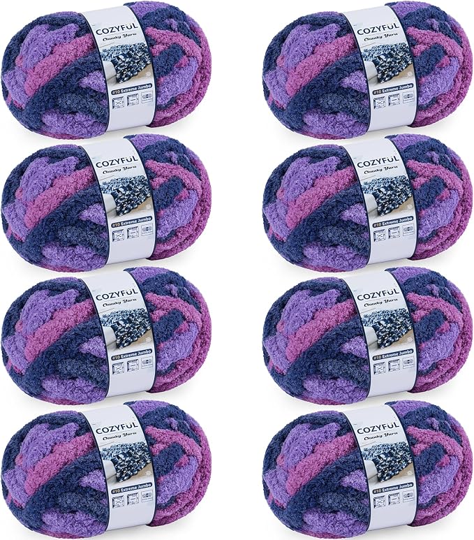 Cozyful Chunky Yarn for Hand Knitting - #10 Chunky Chenille Blanket Yarn, Jumbo Big Thick Chunky Yarns for Crocheting, Tie Dye Bulky Knit Yarns, 8 Skein (20 yds 8 oz Each Skein), Multi Purple