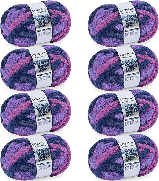 Cozyful Chunky Yarn for Hand Knitting - #10 Chunky Chenille Blanket Yarn, Jumbo Big Thick Chunky Yarns for Crocheting, Tie Dye Bulky Knit Yarns, 8 Skein (20 yds 8 oz Each Skein), Multi Purple