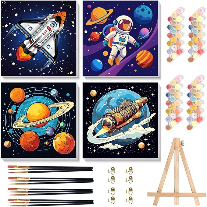 cviokrdu 4 Pack Paint by Numbers Kit for Kids with Frame - Wooden Easel, Outer Space Paint by Numbers for Kids Ages 4 8 12, Easy Astronaut Acrylic Oil Painting Kits for Home Wall Decoration 8x8 inch